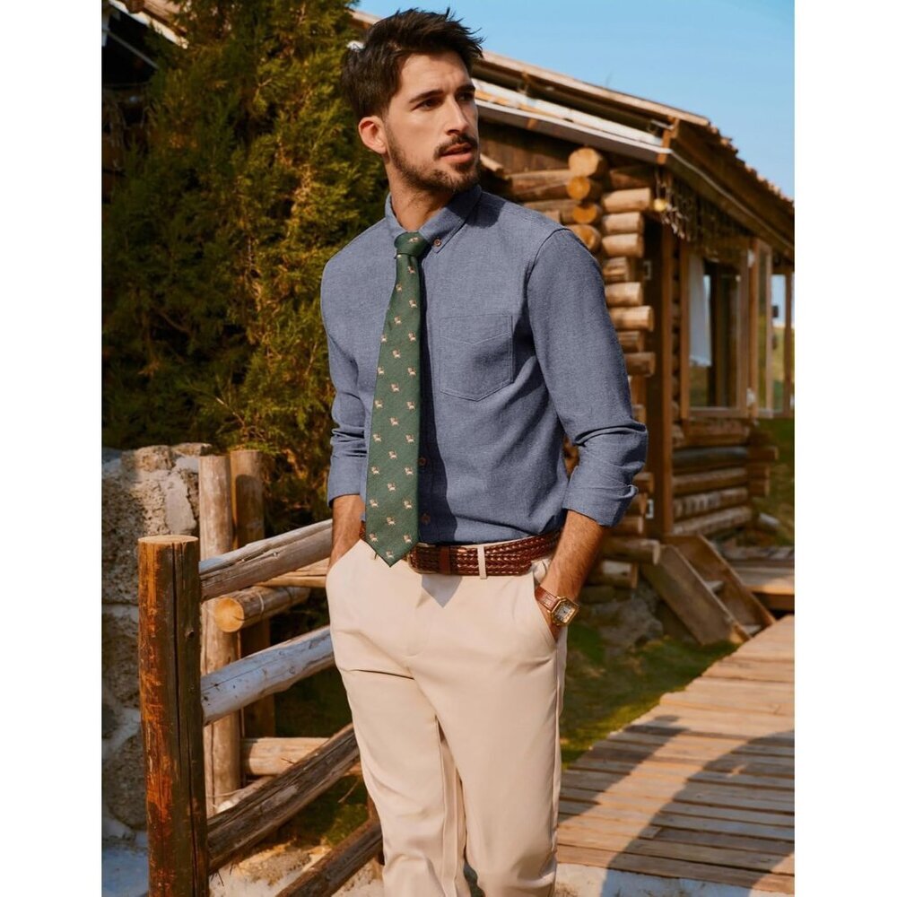 Men's Navy Blue Classic Fit Linen Long Sleeve Button Down Casual Shirts - Picture 2 of 6
